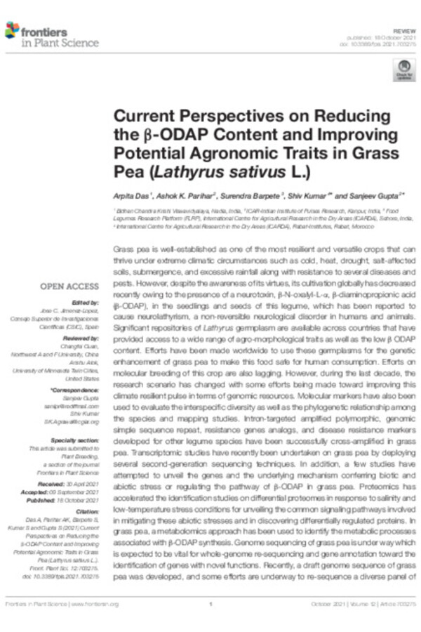 Current Perspectives on Reducing the β-ODAP Content and Improving Potential Agronomic Traits in Grass Pea (Lathyrus sativus L.) Current Perspectives on Reducing the β-ODAP Content and Improving Potential Agronomic Traits in Grass Pea (Lathyrus sativus L.)