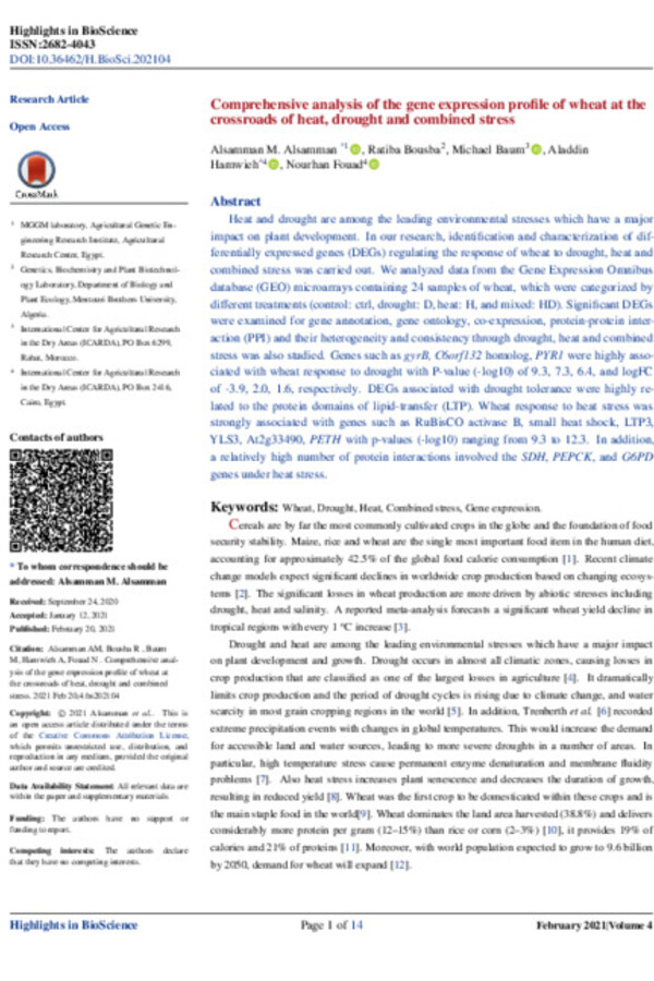 Comprehensive analysis of the gene expression profile of wheat at the crossroads of heat, drought and combined stress Comprehensive analysis of the gene expression profile of wheat at the crossroads of heat, drought and combined stress