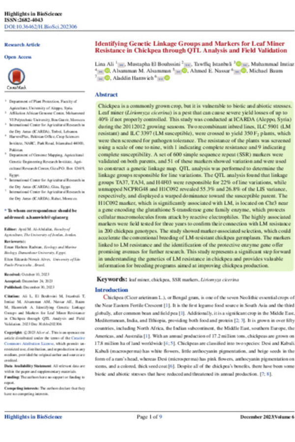 Identifying Genetic Linkage Groups and Markers for Leaf Miner Resistance in Chickpea through QTL Analysis and Field Validation Identifying Genetic Linkage Groups and Markers for Leaf Miner Resistance in Chickpea through QTL Analysis and Field Validation