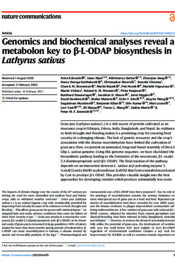 Genomics and biochemical analyses reveal a metabolon key to β-L-ODAP biosynthesis in Lathyrus sativus Genomics and biochemical analyses reveal a metabolon key to β-L-ODAP biosynthesis in Lathyrus sativus