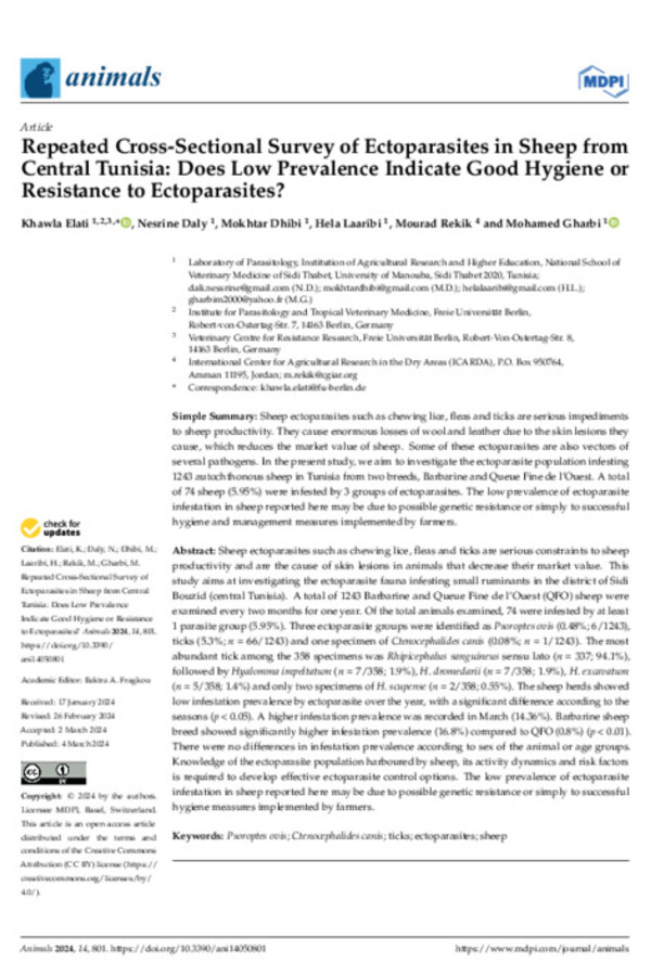 Repeated Cross-Sectional Survey of Ectoparasites in Sheep from Central Tunisia: Does Low Prevalence Indicate Good Hygiene or Resistance to Ectoparasites?
