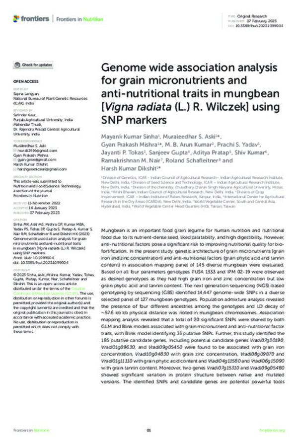 Genome wide association analysis for grain micronutrients and anti-nutritional traits in mungbean [Vigna radiata (L.) R. Wilczek] using SNP markers
