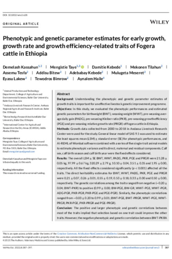Phenotypic and genetic parameter estimates for early growth, growth rate and growth efficiency-related traits of Fogera cattle in Ethiopia