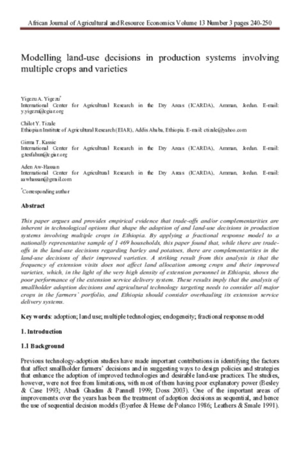 Modelling land-use decisions in production systems involving multiple crops and varieties Modelling land-use decisions in production systems involving multiple crops and varieties