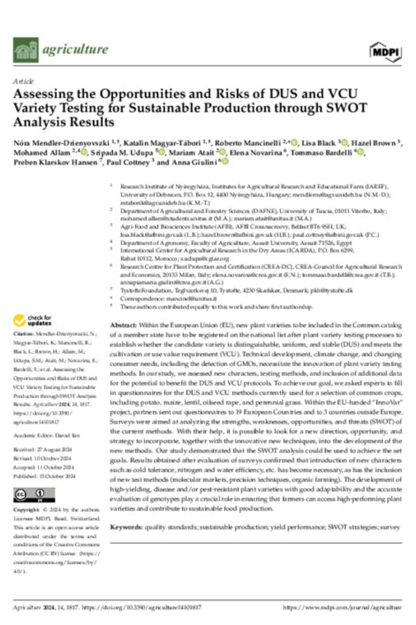 Assessing the Opportunities and Risks of DUS and VCU Variety Testing for Sustainable Production through SWOT Analysis Results Assessing the Opportunities and Risks of DUS and VCU Variety Testing for Sustainable Production through SWOT Analysis Results
