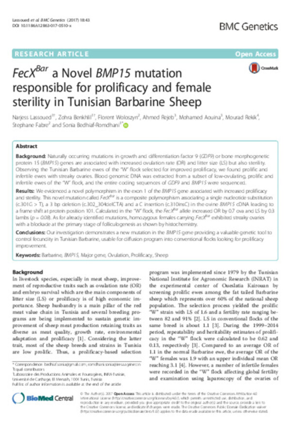 FecXBar a Novel BMP15 mutation responsible for prolificacy and female sterility in Tunisian Barbarine Sheep FecXBar a Novel BMP15 mutation responsible for prolificacy and female sterility in Tunisian Barbarine Sheep