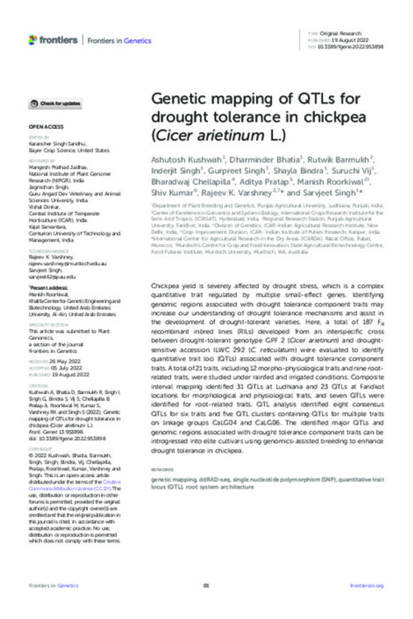 Genetic mapping of QTLs for drought tolerance in chickpea (Cicer arietinum L.) Genetic mapping of QTLs for drought tolerance in chickpea (Cicer arietinum L.)