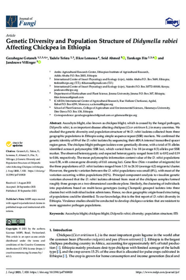 Genetic Diversity and Population Structure of Didymella rabiei Affecting Chickpea in Ethiopia Genetic Diversity and Population Structure of Didymella rabiei Affecting Chickpea in Ethiopia