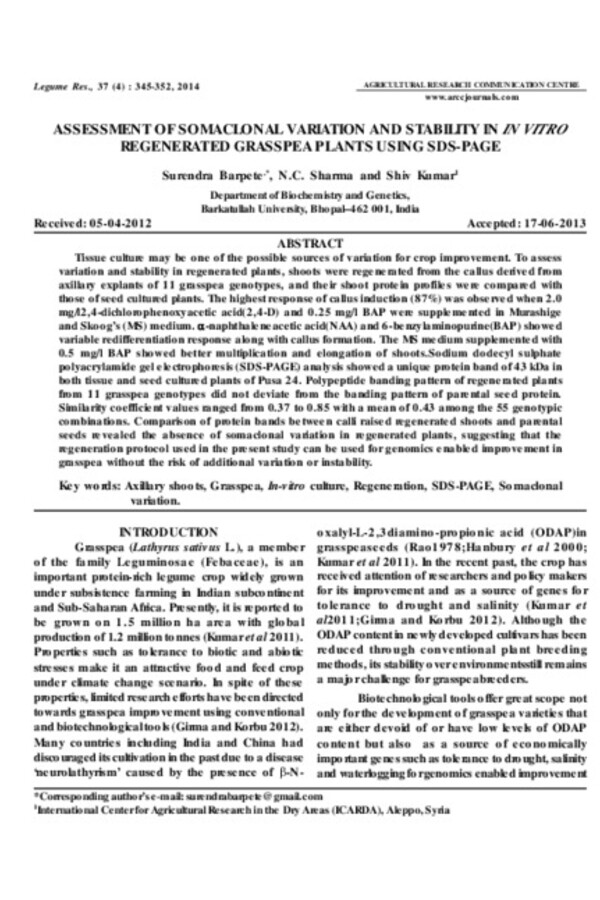 Assessment of somaclonal variation and stability in in vitro regenerated grass pea plants using SDS-PAGE Assessment of somaclonal variation and stability in in vitro regenerated grass pea plants using SDS-PAGE