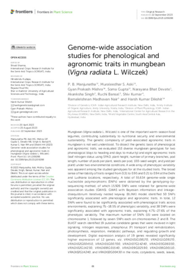 Genome-wide association studies for phenological and agronomic traits in mungbean (Vigna radiata L. Wilczek) Genome-wide association studies for phenological and agronomic traits in mungbean (Vigna radiata L. Wilczek)