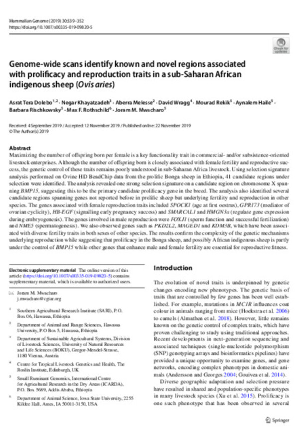 Genome‑wide scans identify known and novel regions associated with prolifcacy and reproduction traits in a sub‑Saharan African indigenous sheep (Ovis aries)