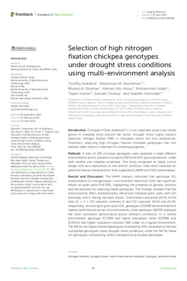 Selection of high nitrogen fixation chickpea genotypes under drought stress conditions using multi-environment analysis