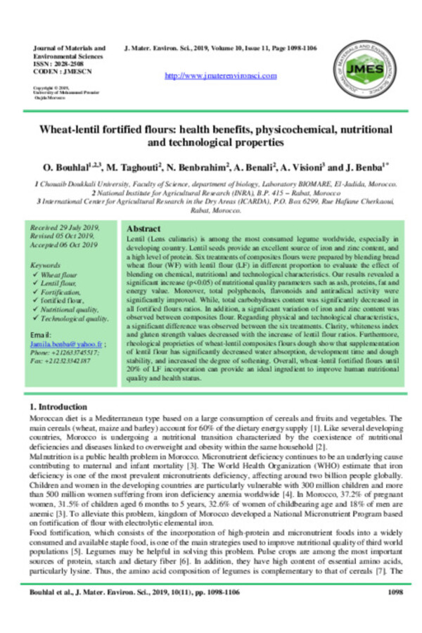 Wheat-lentil fortified flours: health benefits, physicochemical, nutritional and technological properties