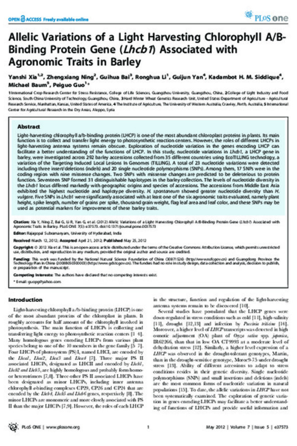 Allelic Variations Of A Light Harvesting Chlorophyll A/B-Binding Protein Gene (Lhcb1) Associated With Agronomic Traits In Barley