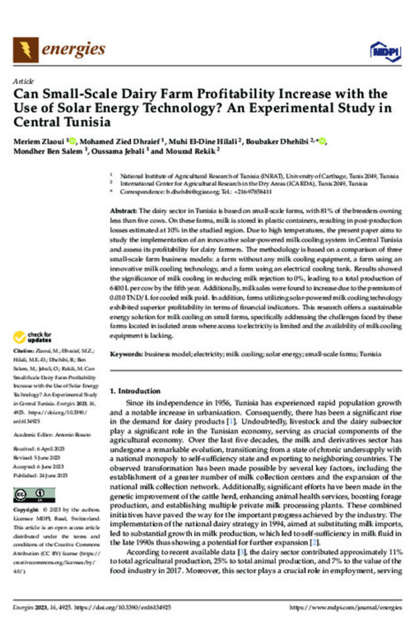 Can Small-Scale Dairy Farm Profitability Increase with the Use of Solar Energy Technology? An Experimental Study in Central Tunisia