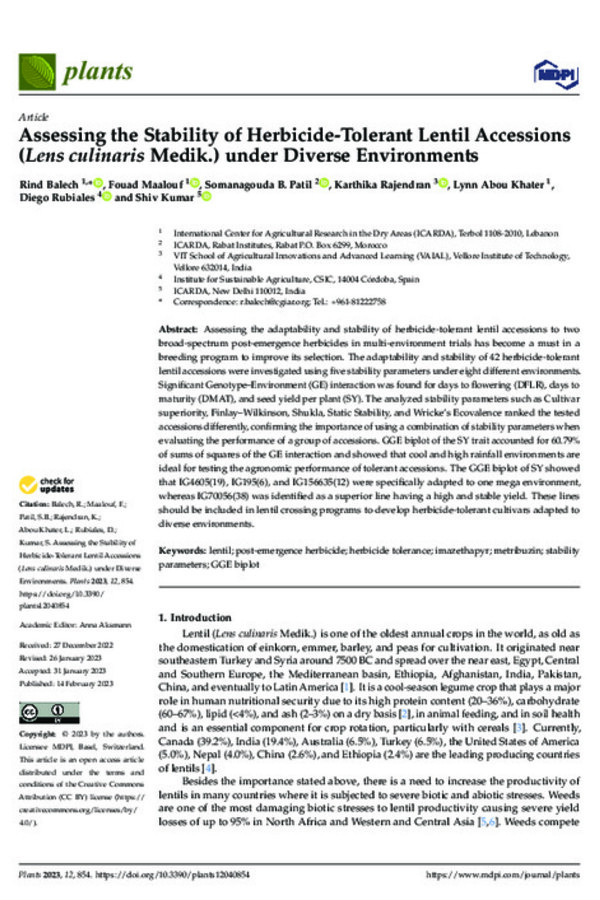 Assessing the Stability of Herbicide-Tolerant Lentil Accessions (Lens culinaris Medik.) under Diverse Environments Assessing the Stability of Herbicide-Tolerant Lentil Accessions (Lens culinaris Medik.) under Diverse Environments