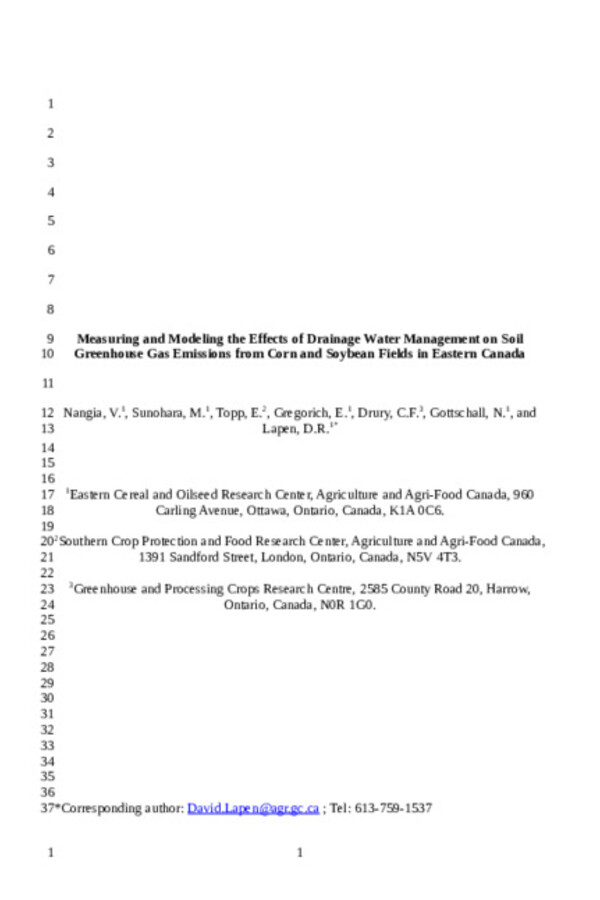 Measuring and modeling the effects of drainage water management on soil greenhouse gas fluxes from corn and soybean fields Measuring and modeling the effects of drainage water management on soil greenhouse gas fluxes from corn and soybean fields