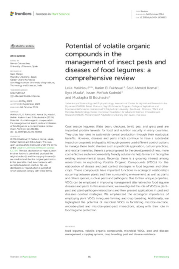Potential of volatile organic compounds in the management of insect pests and diseases of food legumes: a comprehensive review Potential of volatile organic compounds in the management of insect pests and diseases of food legumes: a comprehensive review