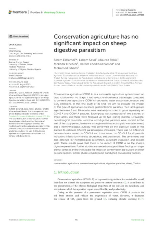 Conservation agriculture has no significant impact on sheep digestive parasitism Conservation agriculture has no significant impact on sheep digestive parasitism