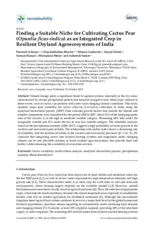 Finding a Suitable Niche for Cultivating Cactus Pear (Opuntia ficus‐indica) as an Integrated Crop in Resilient Dryland Agroecosystems of India