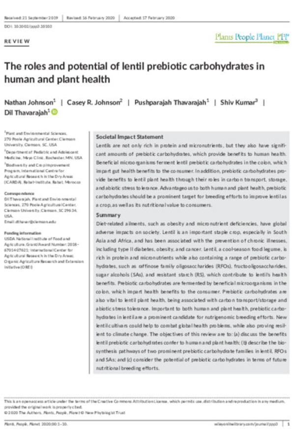 The roles and potential of lentil prebiotic carbohydrates in human and plant health The roles and potential of lentil prebiotic carbohydrates in human and plant health