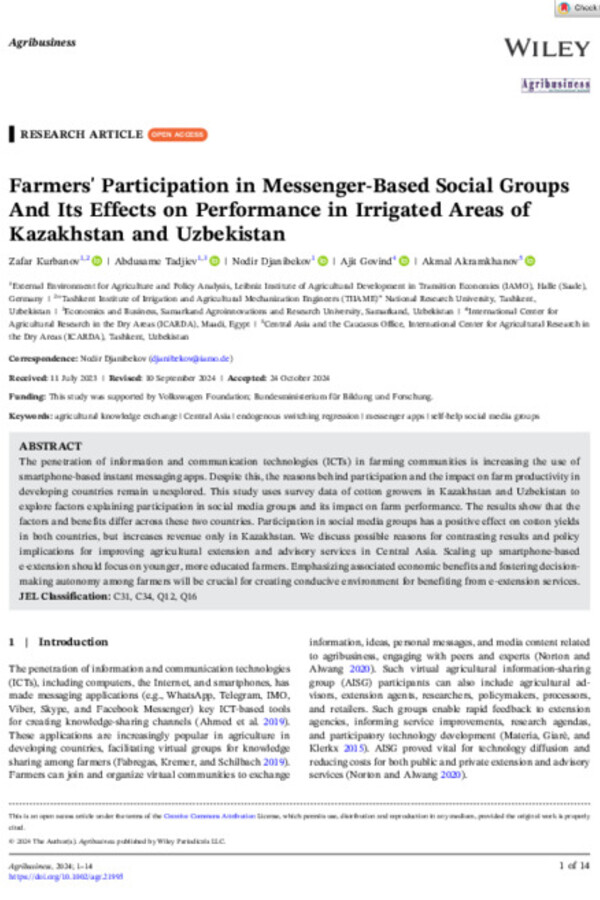 Farmers' Participation in Messenger-Based Social Groups And Its Effects on Performance in Irrigated Areas of Kazakhstan and Uzbekistan