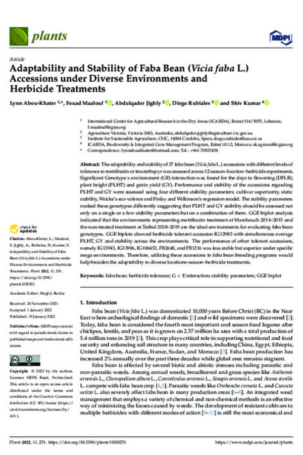 Adaptability and Stability of Faba Bean (Vicia faba L.) Accessions under Diverse Environments and Herbicide Treatments Adaptability and Stability of Faba Bean (Vicia faba L.) Accessions under Diverse Environments and Herbicide Treatments