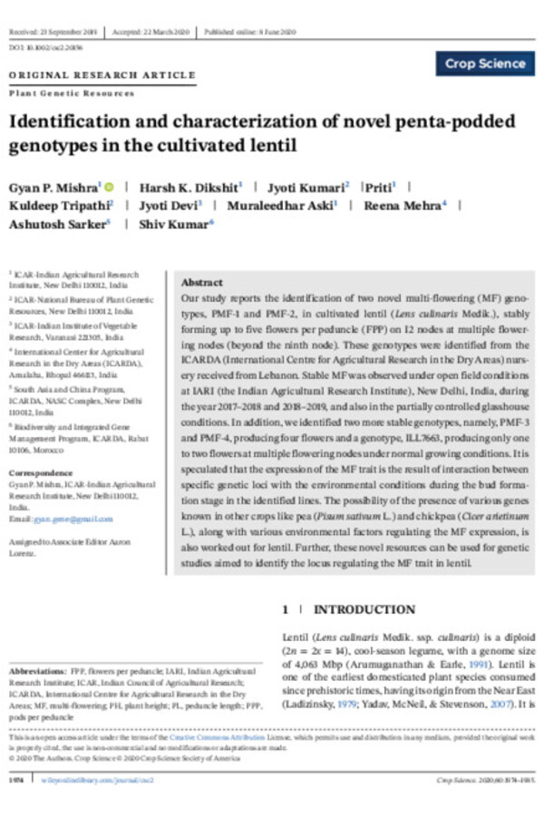 Identification and characterization of novel penta-podded genotypes in the cultivated lentil Identification and characterization of novel penta-podded genotypes in the cultivated lentil