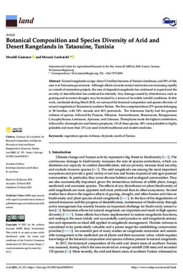 Botanical Composition and Species Diversity of Arid and Desert Rangelands in Tataouine, Tunisia Botanical Composition and Species Diversity of Arid and Desert Rangelands in Tataouine, Tunisia