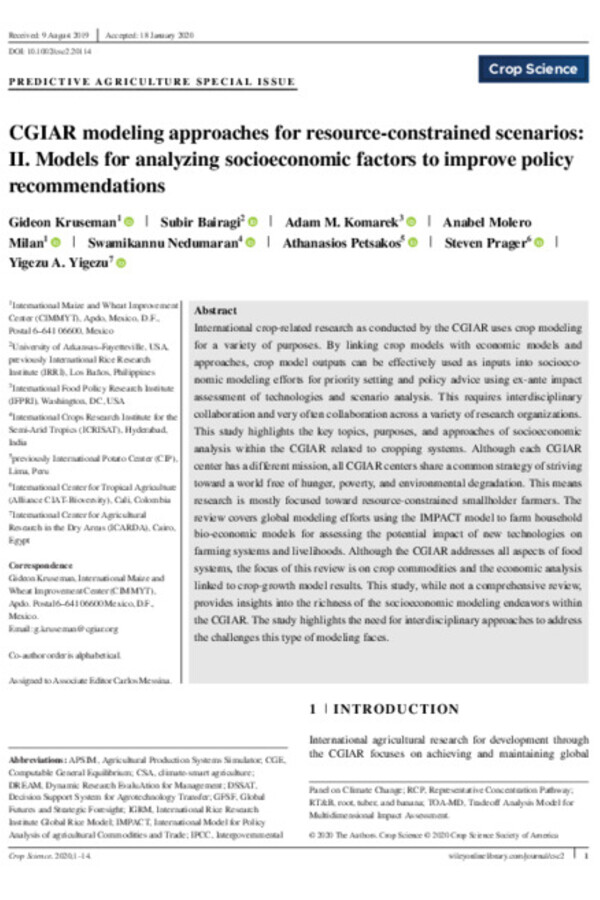 CGIAR modeling approaches for resource-constrained scenarios: II. Models for analyzing socioeconomic factors to improve policy recommendations