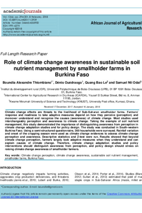 Role of climate change awareness in sustainable soil nutrient management by smallholder farms in Burkina Faso