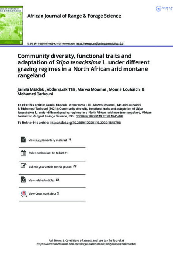 Community diversity, functional traits and adaptation of Stipa tenacissima L. under different grazing regimes in a North African arid montane rangeland