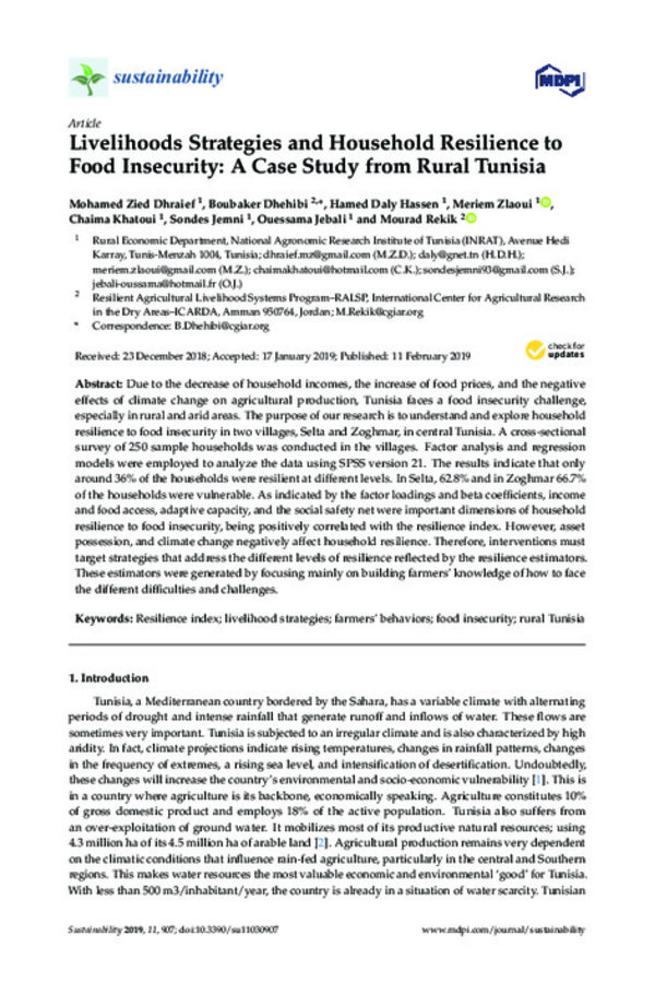 Livelihoods Strategies and Household Resilience to Food Insecurity: A Case Study from Rural Tunisia