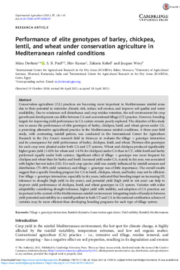 Performance of elite genotypes of barley, chickpea, lentil, and wheat under conservation agriculture in Mediterranean rainfed conditions