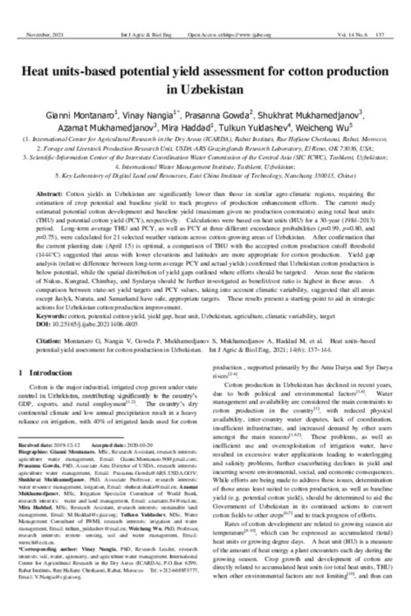 Heat units-based potential yield assessment for cotton production in Uzbekistan Heat units-based potential yield assessment for cotton production in Uzbekistan