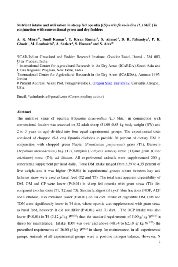 Nutrient intake and utilization in sheep fed opuntia [Opuntia ficus-indica (L.) Mill.] in combination with conventional green and dry fodders