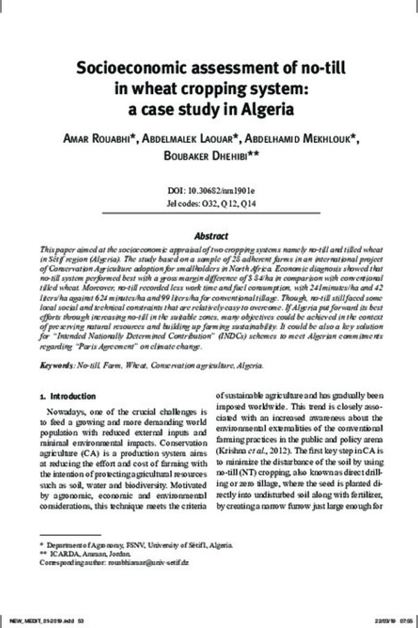 Socioeconomic assessment of no-till in wheat cropping system: a case study in Algeria Socioeconomic assessment of no-till in wheat cropping system: a case study in Algeria