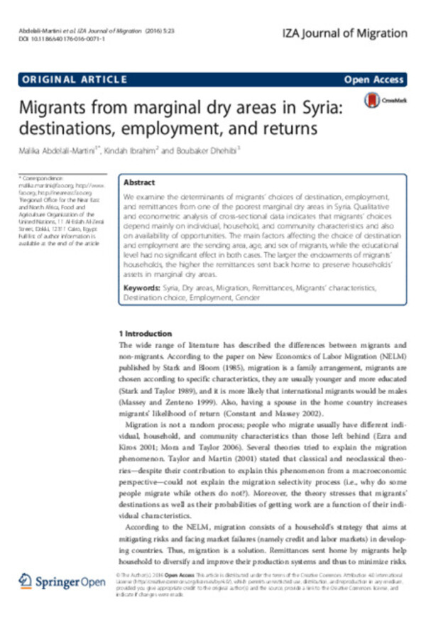 Migrants from marginal dry areas in Syria: destinations, employment, and returns Migrants from marginal dry areas in Syria: destinations, employment, and returns