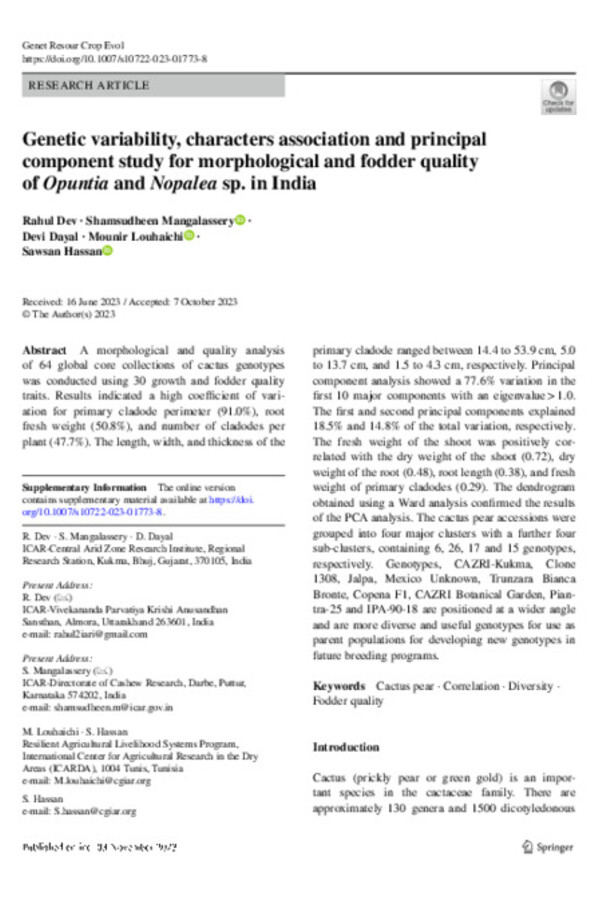 Genetic variability, characters association and principal component study for morphological and fodder quality of Opuntia and Nopalea sp. in India 