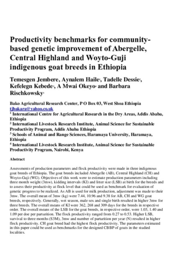 Productivity benchmarks for community-based genetic improvement of Abergelle, Central Highland and Woyto-Guji indigenous goat breeds in Ethiopia