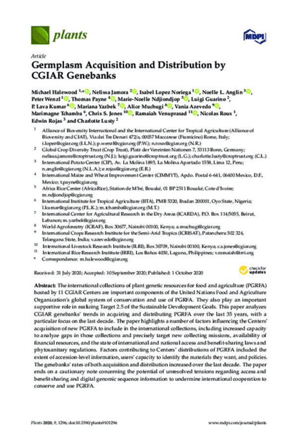 Germplasm Acquisition and Distribution by CGIAR Genebanks