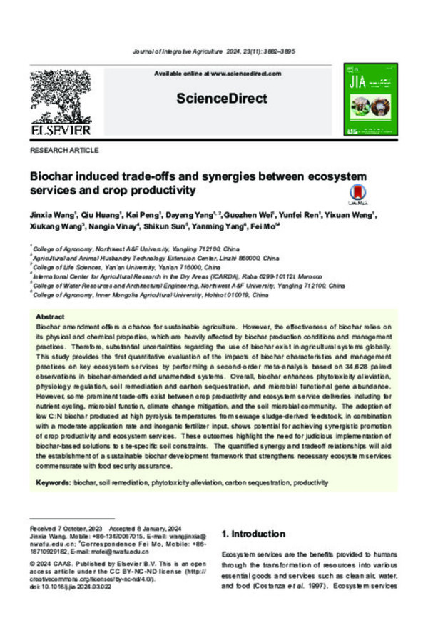 Biochar induced trade-offs and synergies between ecosystem services and crop productivity Biochar induced trade-offs and synergies between ecosystem services and crop productivity