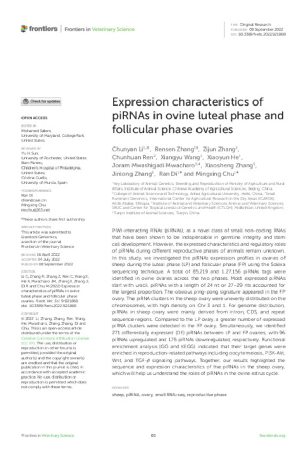 Expression characteristics of piRNAs in ovine luteal phase and follicular phase ovaries