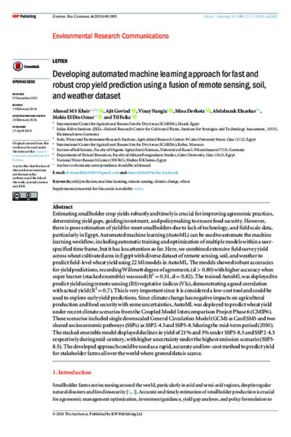 Developing automated machine learning approach for fast and robust crop yield prediction using a fusion of remote sensing, soil, and weather dataset