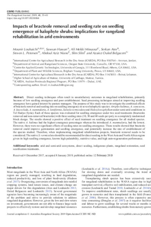 Impacts of bracteole removal and seeding rate on seedling emergence of halophyte shrubs: implications for rangeland rehabilitation in arid environments