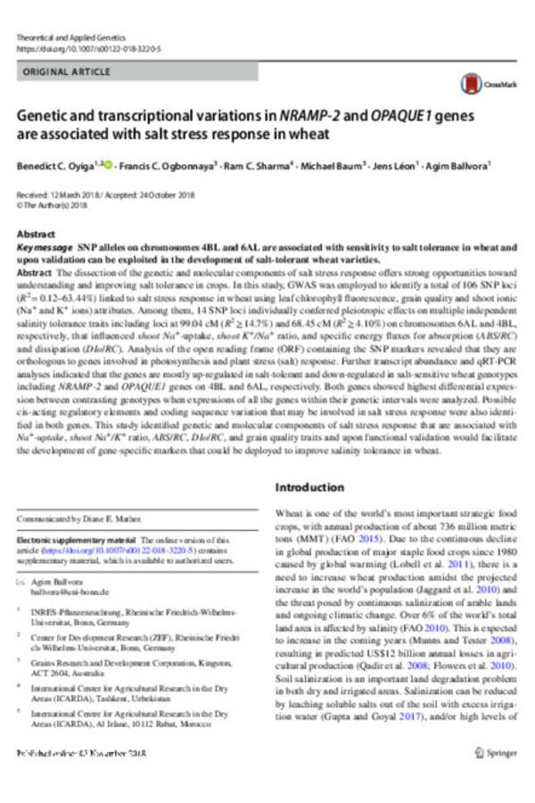 Genetic and transcriptional variations in NRAMP‑2 and OPAQUE1 genes are associated with salt stress response in wheat. Genetic and transcriptional variations in NRAMP‑2 and OPAQUE1 genes are associated with salt stress response in wheat.