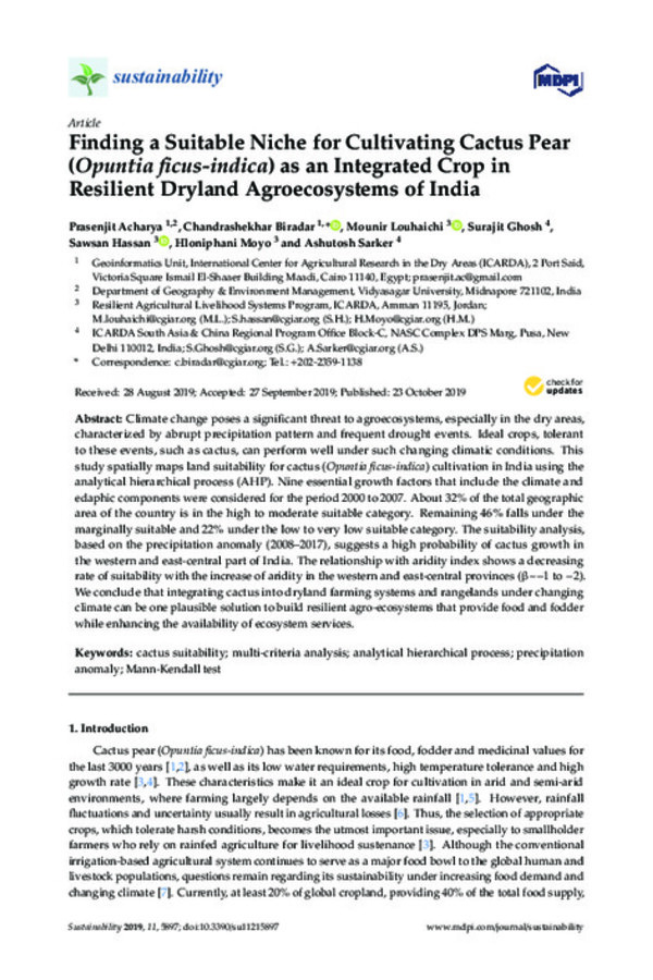 Finding a Suitable Niche for Cultivating Cactus Pear (Opuntia ficus-indica) as an Integrated Crop in Resilient Dryland Agroecosystems of India