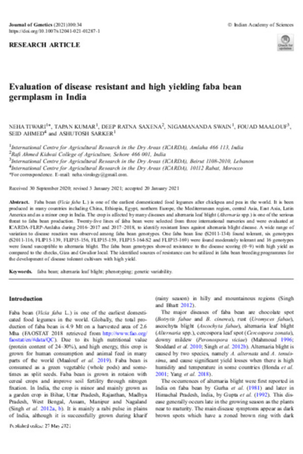 Evaluation of disease resistant and high yielding faba bean germplasm in India Evaluation of disease resistant and high yielding faba bean germplasm in India
