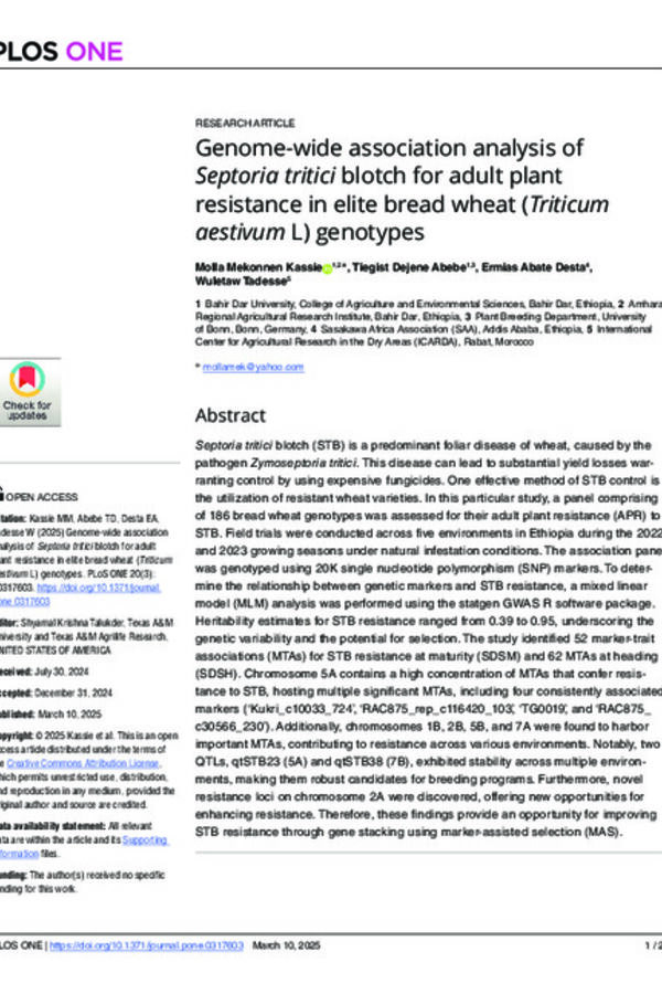 Genome-wide association analysis of Septoria tritici blotch for adult plant resistance in elite bread wheat (Triticum  aestivum L) genotypes
