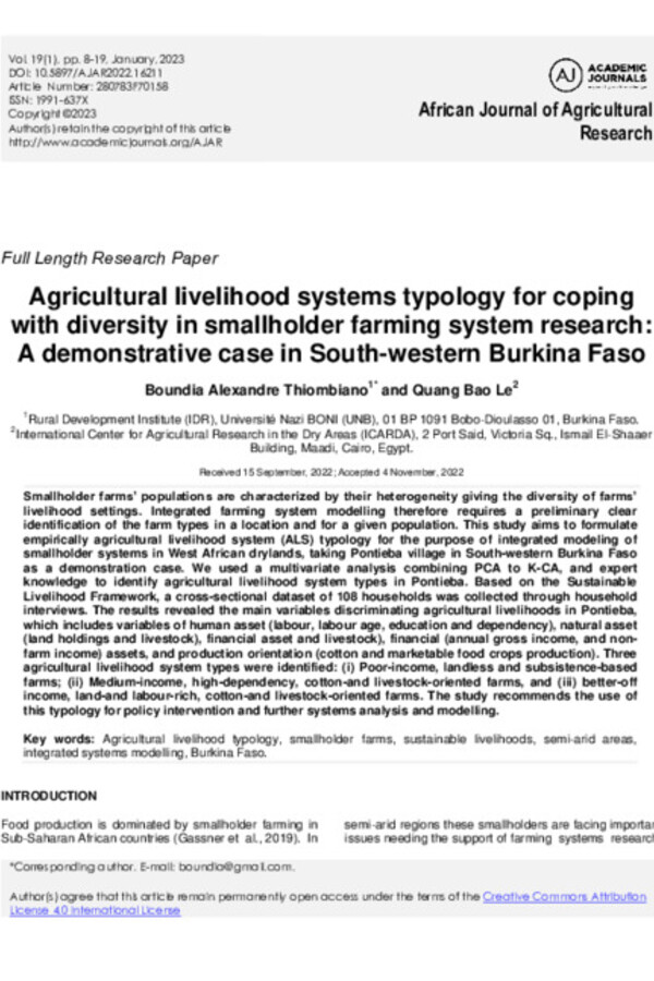 Agricultural livelihood systems typology for coping with diversity in smallholder farming system research: A demonstrative case in South-western Burkina Faso